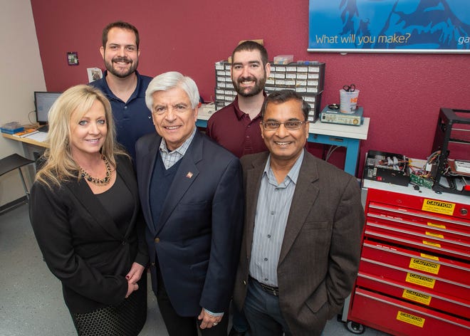 Chancellor Dan Arvizu and his wife Sheryl Arvizu pose with others in the Aggie Innovation Space on Jan. 10, 2018. The chancellor and Mrs. Arvizu gave a gift of $250,000 to support student scholarships and fellowships in the Aggie Innovation Center.