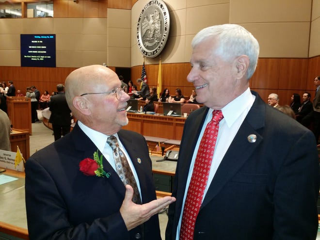 State Sen. Bill Burt (L) and Sen. Ron Griggs (R) talk about the up coming session prior to opening day ceremonies Jan. 15, 2019.
