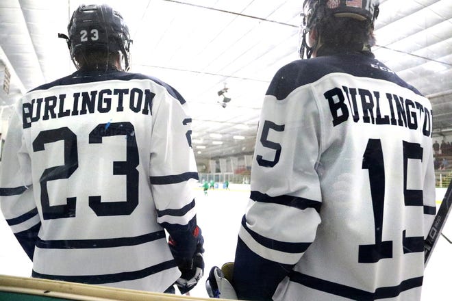 Seahorse teammates Sully Weston and Duncan MacDonald wait their turn in warmups before the 2nd annual "BAHA Cup" game vs Colchester at Leddy Arena. The Seahorses new 2019 uniforms feature "Burlington" on the back instead of individual names.