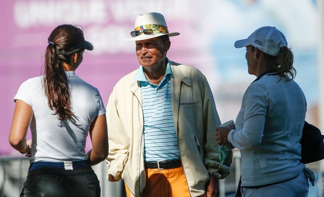 Chi Chi Rodriguez talks with golfers at the Brickyard Crossing Golf Course for the Indy Women in Tech Pro-Am in 2017. Rodriguez was in Appleton on Tuesday for the 54th annual Red Smith Banquet.