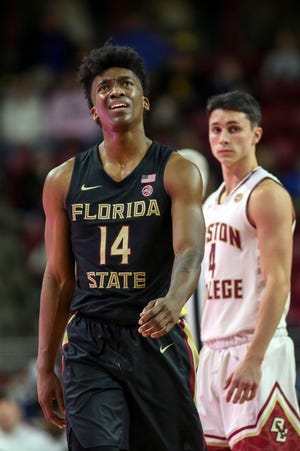 Florida State Seminoles guard Terance Mann (14) reacts during the first half against the Boston College Eagles at Conte Forum.