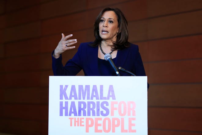 Sen. Kamala Harris, D-Calif., speaks to members of the media at her alma mater, Howard University, Monday, Jan. 21, 2019 in Washington, following her announcement earlier in the morning that she will run for president.