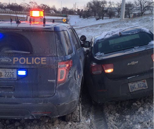 Police said the trooper was stopped on the right shoulder with all his emergency lights on. when a 2013 Chevy Malibu lost control and spun. The Malibu left the roadway and went up the embankment sideswiping the right side of the patrol car.