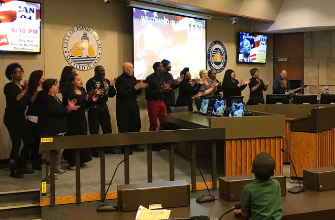 Local community members and officials sing during an event honoring Martin Luther King Jr. in 2019 at the Fond du Lac City/County Building. The event, organized by Bishop Herb Haywood of the Bread of Life Church, will once again be held at 1 p.m. Monday, along with two other events to honor the legacy of King.