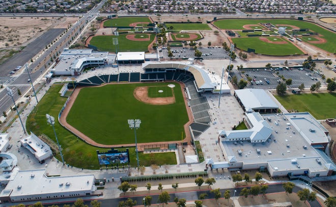 Aerial drone view of Surprise Stadium, Cactus League home of the Texas Rangers and Kansas City Royals, in Surprise, Arizona January 9, 2019.