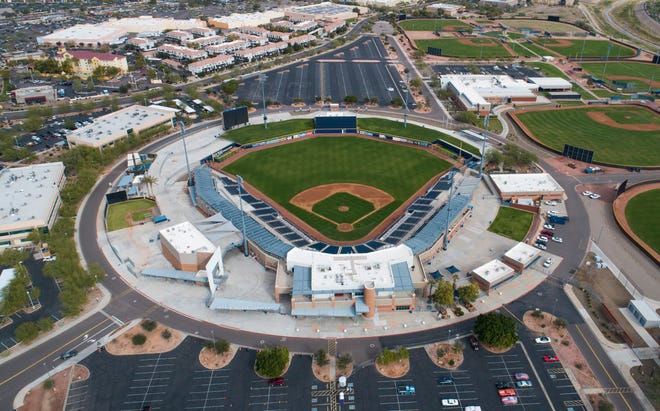 An aerial drone view of Peoria Sports Complex, Cactus League home of the Seattle Mariners and San Diego Padres, in Peoria, Ariz., Jan. 9, 2019.