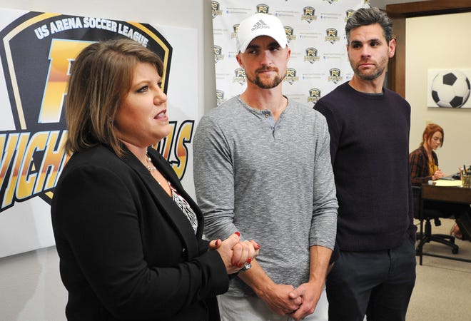 Professional Arena Soccer Team, FC Wichita Falls Owner, Stephanie Tucker, left, introduced the team’s new Head Coach Brandon Swartzendruber, center, and Volunteer Assistant Coach, Marcelo Campolino during a media event held Tuesday afternoon. 