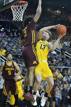 Michigan forward Ignas Brazdeikis (13) finished with a team-high 18 points in Tuesday's 59-57 win over Minnesota.