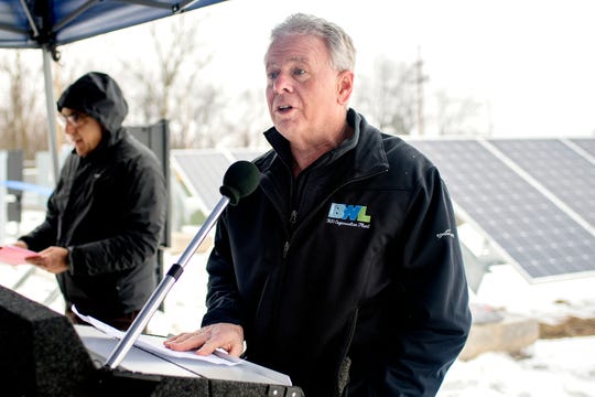 Lansing BWL General Manager Dick Peffley speaks during a celebration of the opening of the East Lansing Solar Park on Wednesday, Jan. 23, 2019, at Burcham Park in East Lansing. The park, which became operational on December 28, 2018, has 1,000 solar panels that will produce enough to power around 60 homes.