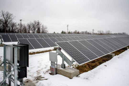 Some of the solar panels photographed at the East Lansing Solar Park on Wednesday, Jan. 23, 2019, at Burcham Park in East Lansing. The park, which became operational on December 28, 2018, has 1,000 solar panels that will produce enough to power around 60 homes.