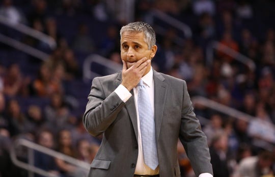 Phoenix Suns head coach Igor Kokoskov reacts to the action against the Minnesota Timberwolves in the first half on Jan. 22 at Talking Stick Resort Arena.