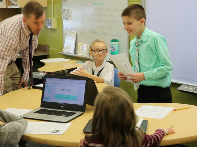 Kyle Abernathy, a third grade student at Bataan Intermediate School, enjoyed stepping into the role of teacher as part of a class project on Wednesday.
