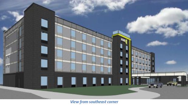An artist rendering shows the front of the Home2 Suites by Hilton hotel proposed for the southeast corner of 70th and Washington streets. The proposed hotel would face east.