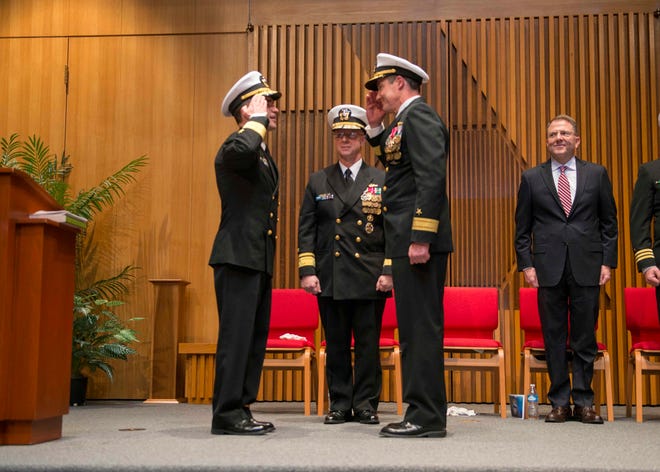 BANGOR, Wash. (Jan. 25, 2019) Rear Adm. Blake Converse is relieved by Rear Adm. Douglas Perry as commander of Bangor-based Submarine Group 9. (U.S. Navy photo by Mass Communication Specialist 1st Class Amanda R. Gray/Released)