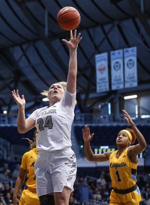 Butler Bulldogs guard Kristen Spolyar (24) takes the ball to the basket for a layup in the first half of the game at Hinkle Fieldhouse in Indianapolis, Sunday, Jan. 27, 2019. Butler lost to Marquette, 58-87.