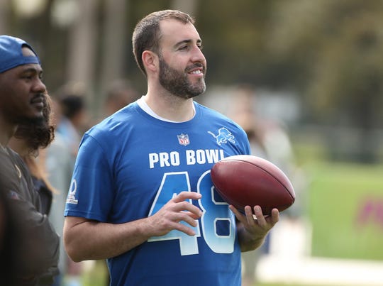 NFC long snapper Don Muhlbach, of the Detroit Lions, watches practice at ESPN Wide World of Sports in Orlando on Jan. 23, 2019.