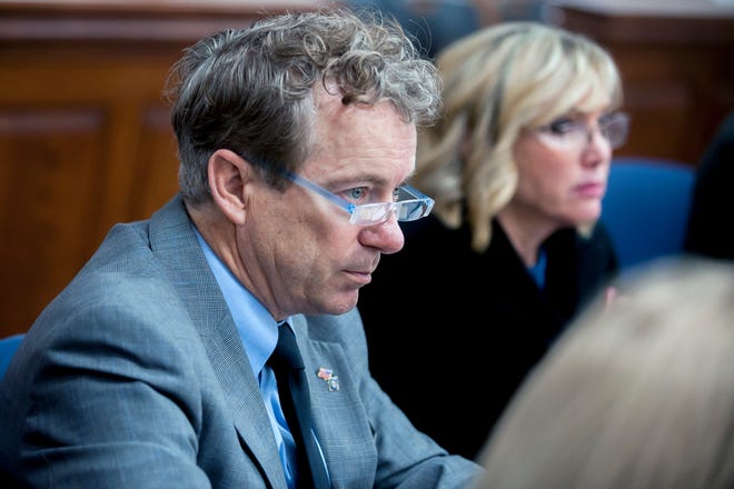 U.S. Sen. Rand Paul, left, R-Ky., and wife Kelley Paul listen to questions Monday, Jan. 28, 2019, during jury selection in a civil trial in Warren Circuit Court in Bowling Green, Ky. (Bac Totrong/Daily News via AP)