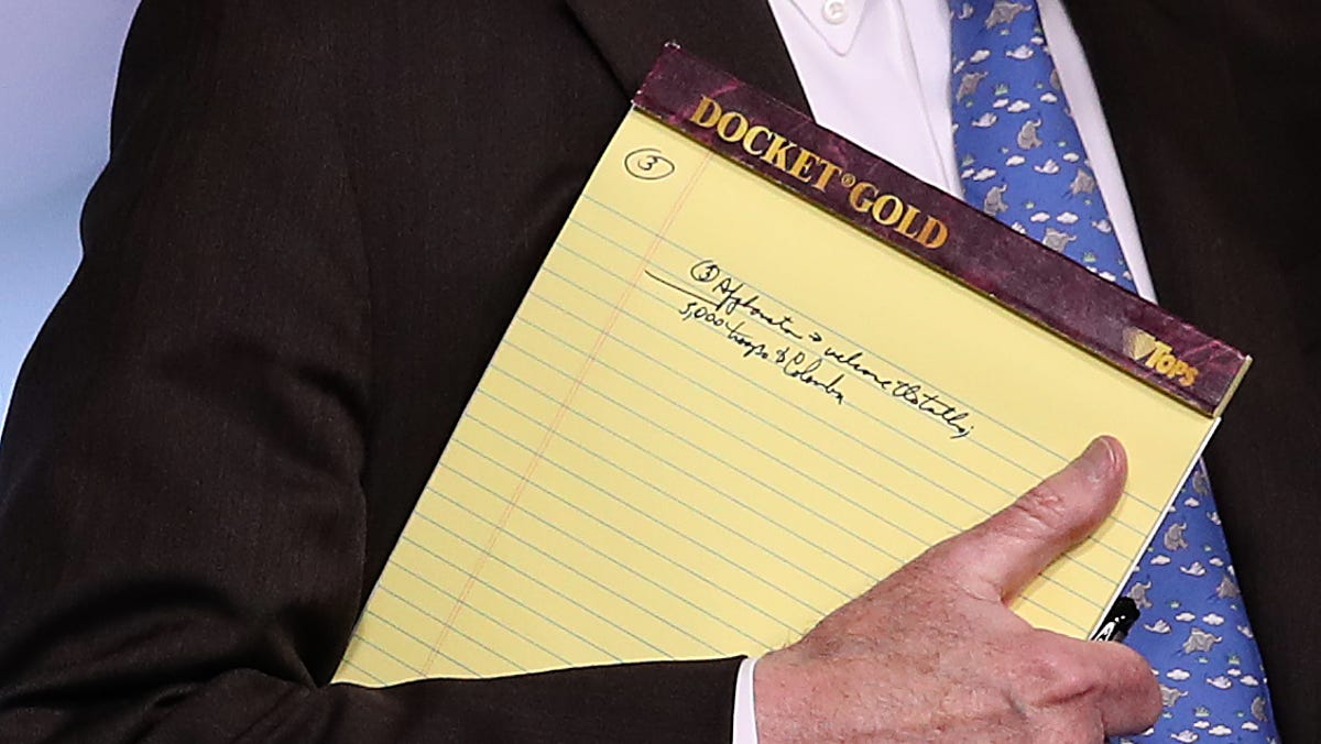 WASHINGTON, DC - JANUARY 28: With handwritten notes on a legal pad, National Security Advisor John Bolton listens to questions from reporters during a press briefing at the White House January 28, 2019 in Washington, DC. During the briefing, economic sanctions against Venezuela's state owned oil company were announced in an effort to force Venezuelan President Maduro to step down.