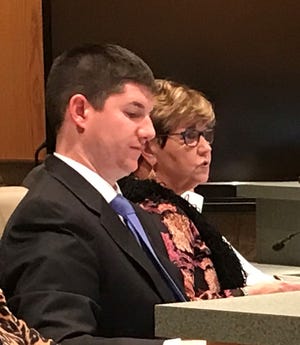 David McCuen, Anderson's assistant manager, (left) listens as City Manager Linda McConnell speaks during Monday night's City Council meeting. McCuen is expected to become the new city manager after McConnell retires on Feb. 15.