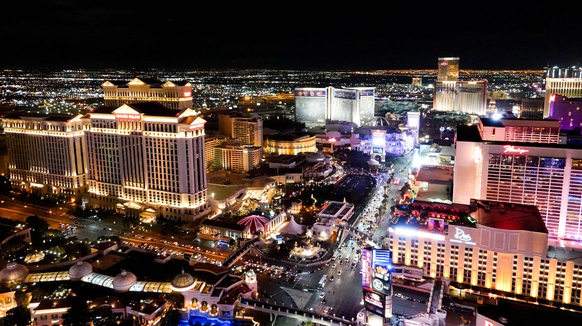 The Las Vegas Strip, as photographed from the top of the Eiffel Tower Experience at the Paris Las Vegas.