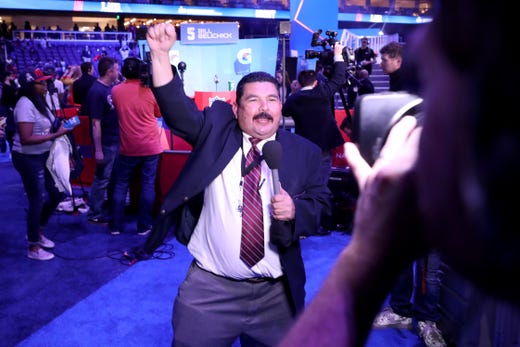 Guillermo Rodriguez from Jimmy Kimmel Live! speaks on camera during Super Bowl LIII Opening Night at State Farm Arena on January 28, 2019 in Atlanta, Georgia.