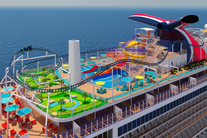 Carnival Cruise Line's giant new ship, the Mardi Gras, will feature BOLT: Ultimate Sea Coaster, the first roller coaster at sea, where riders will travel along an 800-foot-long track as speeds of nearly 40 miles per hour.