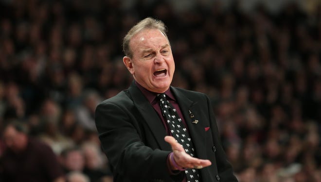 Mississippi State's Vic Schaefer gestures while talking to an official during the Bulldogs win over Ole Miss at Humphrey Coliseum on Sunday, January 27, 2019. Photo by Keith Warren