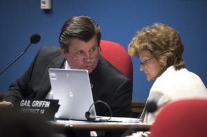 Rep. Timothy M. Dunn talks with Rep. Gail Griffin during a hearing.