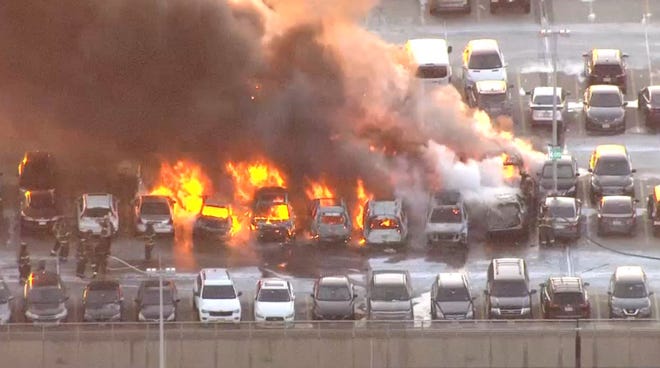Car fires burning at Newark Liberty International Airport on Jan. 31, 2019, as low temperatures gripped the region.