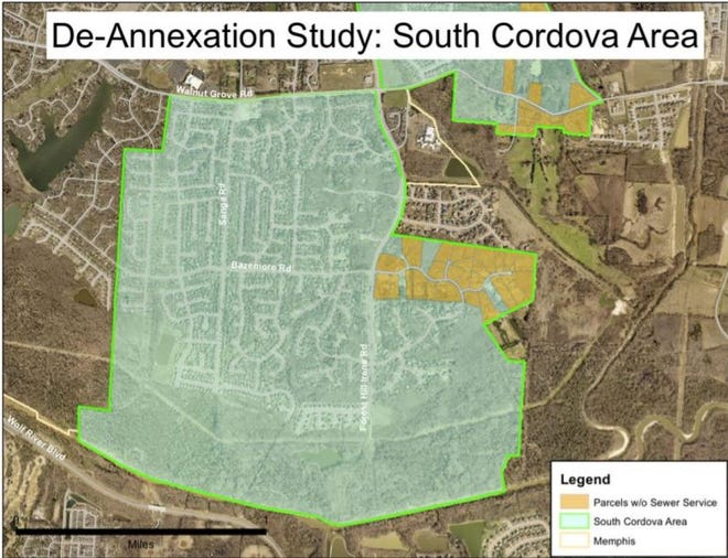 The proposed South Cordova de-annexation area is located south of Walnut Grove Road in the vicinity of Sanga Road and Forest Hill Road, extending south to the Wolf River. It includes 2.3 square miles and has a population of about 4,000 people.