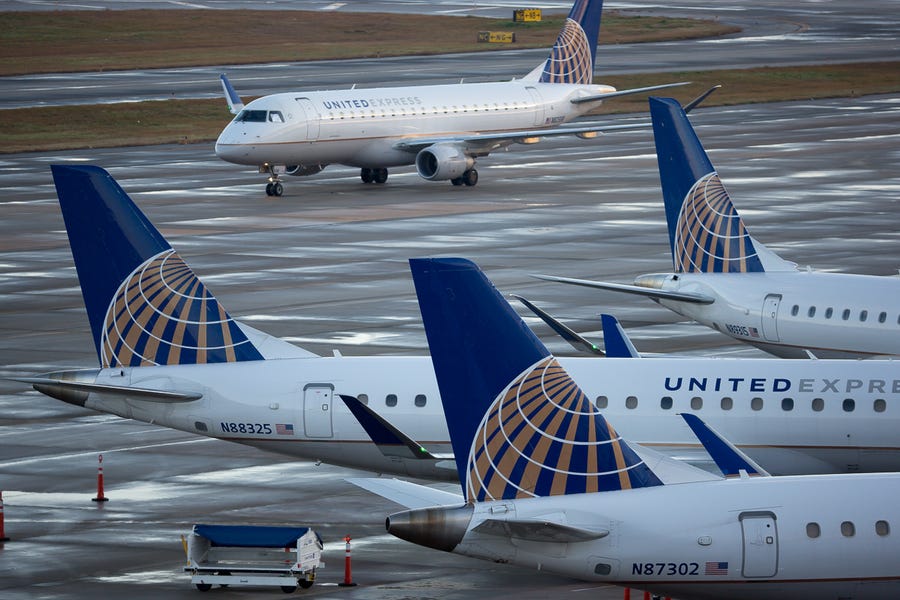 United Airlines planes fill the gates of Terminal B at George Bush Intercontinental Airport in Houston on Jan. 27, 2019.