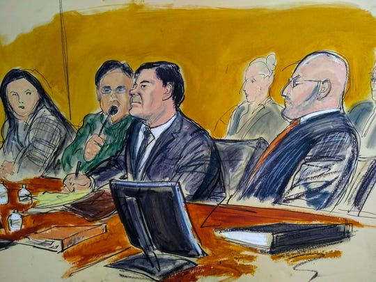 In this courtroom sketch, Joaquín  "El Chapo" Guzmán, center, and one  of his attorneys, Eduardo Balarezo, right, listen  as a prosecutor delivers closing arguments during  the Mexican drug lord's trial in Brooklyn, N.Y.  federal court.