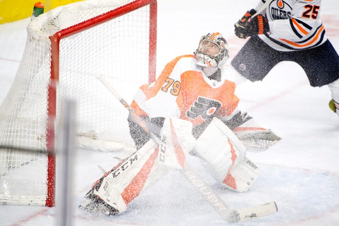 Flyers' Carter Hart (79) watches the puck soar against the Oilers Saturday, Feb. 2, 2019 at the Wells Fargo Center in Philadelphia, Pa. Flyers won 5-4 in overtime.