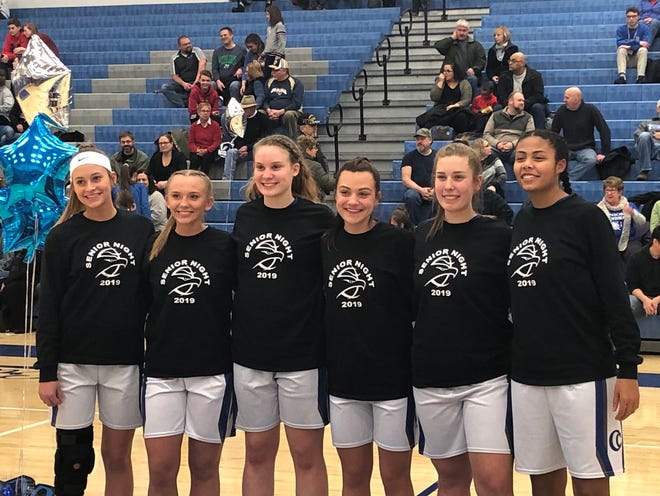 Cedar Crest seniors, from left, Madison Rambler, Morgan Thomson, Hannah Woelfling, Molly Bucher, Kaitlin Kline and Raven Morgan celebrated Senior Night with a blowout win over McCaskey that clinched a tie for the Section 1 title.