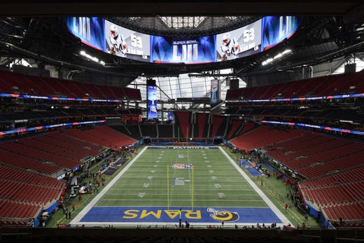 Inside Mercedes-Benz Stadium before Super Bowl LIII between the Patriots and Rams.