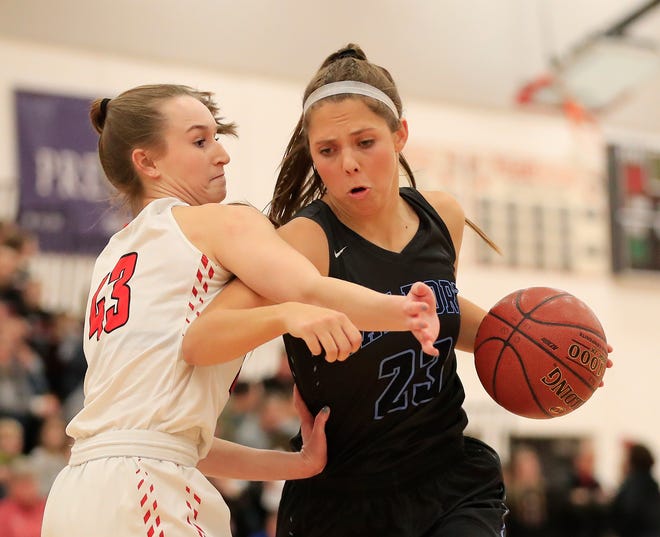Bay Port's Emma Nagel (23) dribbles against Pulaski's Paige Steinbrecher (43) in a girls basketball game at Pulaski high school on Jan. 4. Nagel and Pirates are the top-ranked team in the USA TODAY NETWORK-Wisconsin composite rankings.