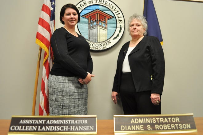 After 20 years as Thiensville's village administrator, Dianne Robertson, right, will retire on March 10. She will be succeeded by Assistant Administrator Colleen Landisch-Hansen, left.