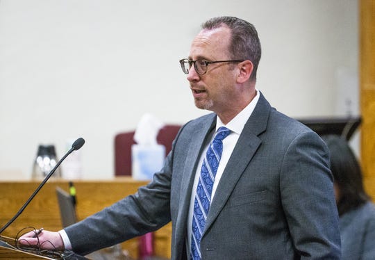 Deputy Yavapai County Attorney Steve Young delivers opening arguments in the trial of Kenneth Wayne Thompson, who is accused of killing two people in 2012.  The trial began Jan. 30 in the Yavapai County Courthouse in Prescott.