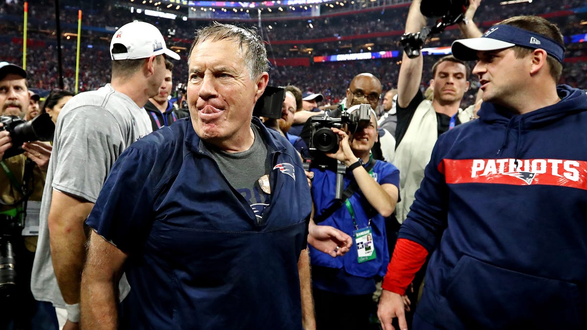 New England Patriots head coach Bill Belichick celebrates after beating the Los Angeles Rams in Super Bowl LIII at Mercedes-Benz Stadium.