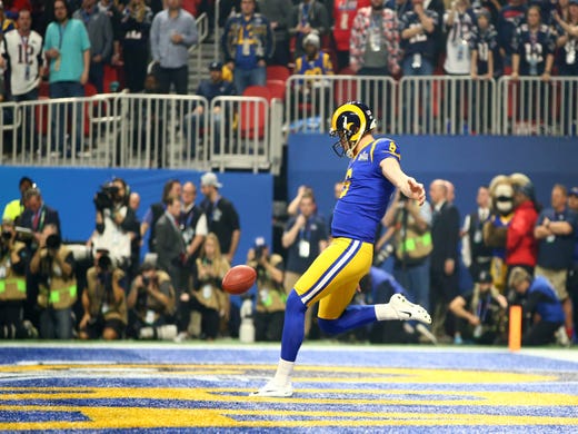 Los Angeles Rams punter Johnny Hekker (6) booms a Super Bowl-record 65-yard punt against the New England Patriots during the third quarter of Super Bowl LIII at Mercedes-Benz Stadium.