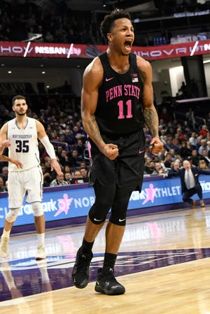 Penn State forward Lamar Stevens (11) reacts after getting a turnover against Northwestern during the second half Monday. Penn State won 59-52.