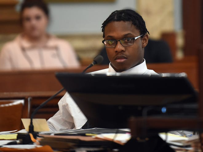 Tyler Ocasio listens to testimony during the first day of trial on Tuesday, Feb. 5, 2019. Ocasio isÊaccused of firing the gun that killed Barcus during an attempted robbery in January 2018.
