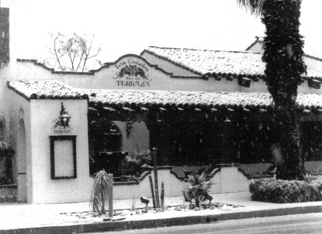 Snow accumulates outside the newly opened Las Casuelas Terraza in downtown Palm Springs 40 years ago this week. Las Casuelas Terraza will donate 40 percent of sales on Feb. 5, 2019, to four local charities that are close to the family’s hearts in celebration of its 40th anniversary.