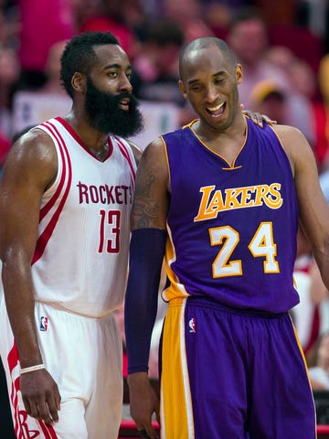 James Harden and Kobe Bryant during a 2016 game.