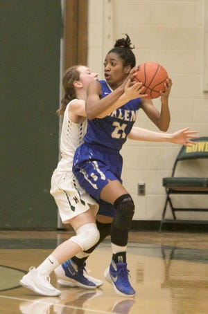 Salem's Mattison Joyner, guarded by Howell's Lillia McCurdy, had eight points, five steals and four deflections in a 48-17 loss to the Highlanders on Tuesday, Feb. 5, 2019.