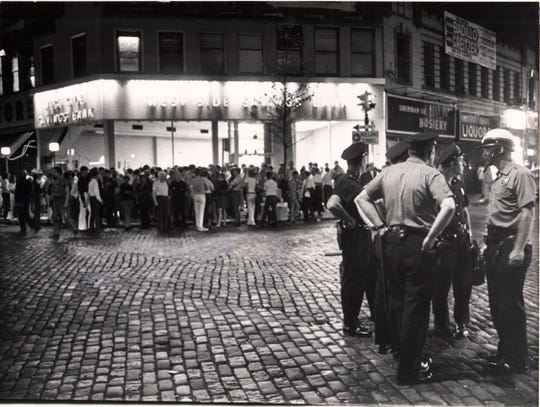 Police try to clear crowds at a disturbance on Sheridan Square near the Stonewall Inn on July 2, 1969, four days after a police raid.