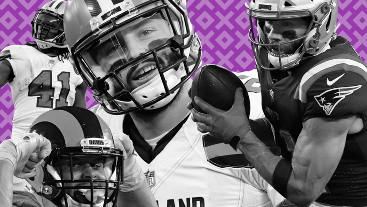 Clockwise from upper left: Saints RB Alvin Kamara (41), Browns QB Baker Mayfield, Patriots WR Julia Edelman (11), Rams DL Aaron Donald (99).