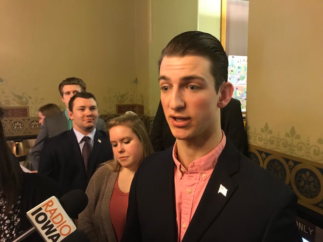 Jacob Minock, the president of the Iowa State College Republicans and a junior studying mechanical engineering, speaks in favor of a bill promoting free speech on college campuses at the Iowa Capitol on Thursday, Feb. 7, 2019.