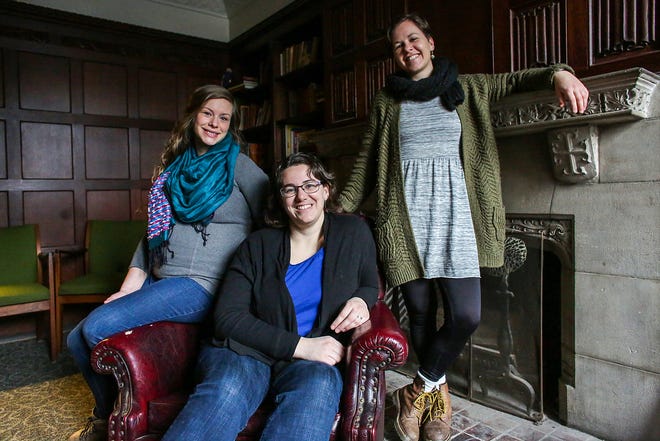 Art director Lucia Wylie-Eggert, editor Lydia Wylie-Kellermann and associate editor Kateri Boucher work for Geez, a Canadian magazine that focuses on religion, social justice and progressive politics, out of the Peace and Justice Hive at St. Peter's Episcopal Church in the Corktown neighborhood of Detroit, photographed on Thursday, Feb. 7, 2019.