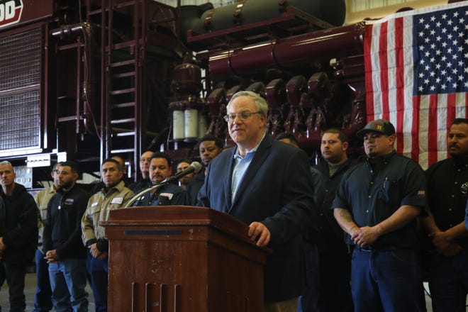 Acting U.S. Secretary of the Interior David Bernhardt addresses workers at Watson Hopper, Feb. 6, 2019 in Hobbs. Bernhardt ordered federal land managers on Thursday to give greater priority to access for hunting, fishing and other kinds of recreation when the government considers selling or trading public land.